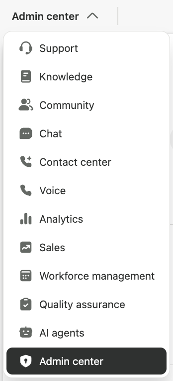 The expanded product tray, listing Support, Knowledge, Community, Chat, Contact center, Voice, Analytics, Sales, Workforce management, Quality assurance, AI agents and Admin center.
