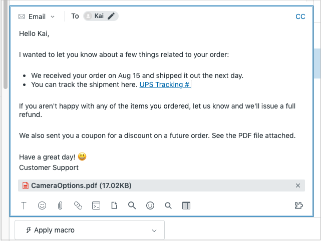 The composer with a reply being written: the channel selector at the top left, the recipient beside it, an attached file below the text, the formatting toolbar under that, and Apply macro at the bottom.