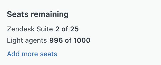 A Seats remaining panel showing 2 of 25 Zendesk Suite seats and 996 of 1000 light agent seats, with a link to add more seats.