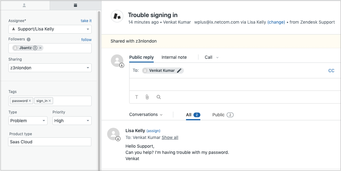A ticket with the field panel on the left showing Assignee, Followers, Sharing, Tags, Type, Priority and a custom Product type field, beside the conversation with its Public reply and Internal note tabs.