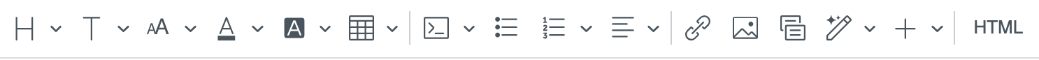 The article editor toolbar: heading, text style, font size, text colour, highlight, table, code block, bullet and numbered lists, alignment, link, image, content block, AI, an add menu, and an HTML button on the right.