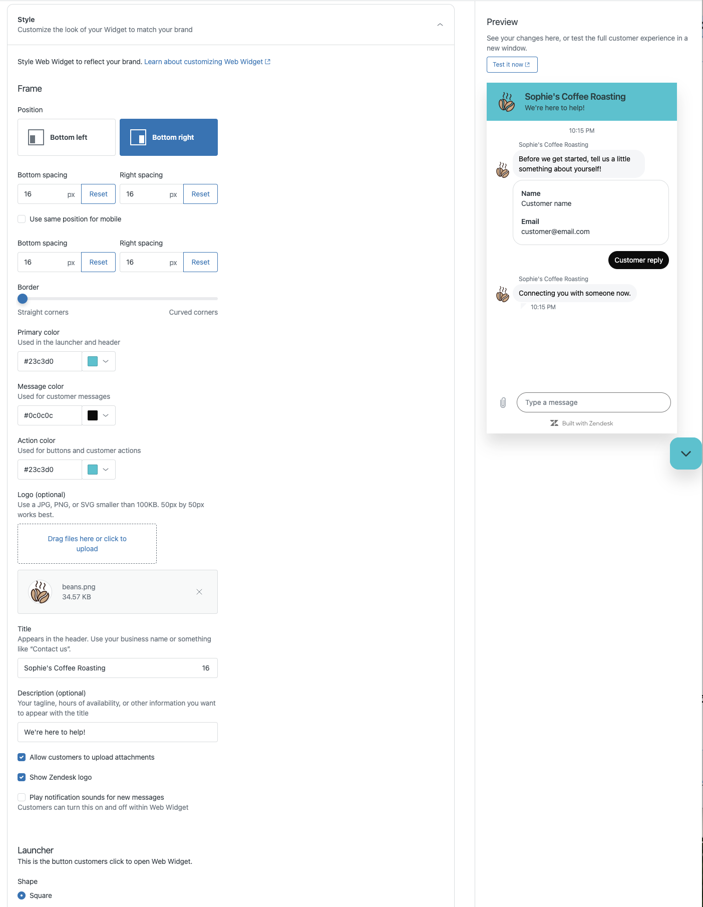 The Style panel with settings for position, spacing, border, primary, message and action colours, a logo upload, a title and description, beside a live preview of the widget as a customer sees it.