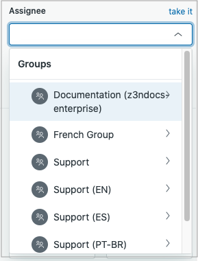 The Assignee field expanded in the properties panel. Under the heading Groups the account's groups are listed alphabetically, each with a chevron to open the agents inside it, and the take it link sits above the field.