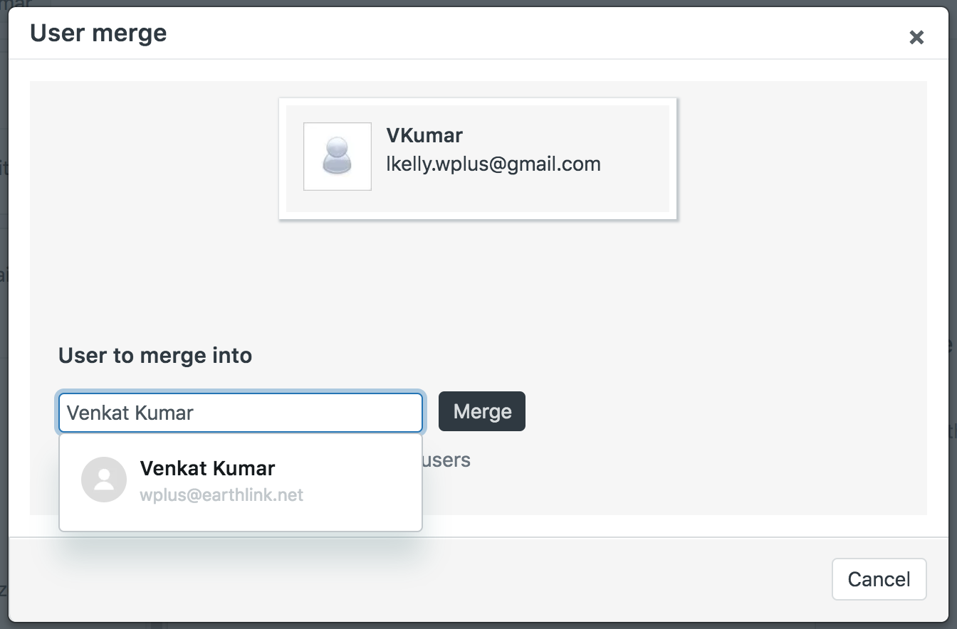 The User merge dialog. At the top sits the account being merged away, with its name and email address; below it the field User to merge into, where you type the name of the record that survives, with the Merge button beside it.