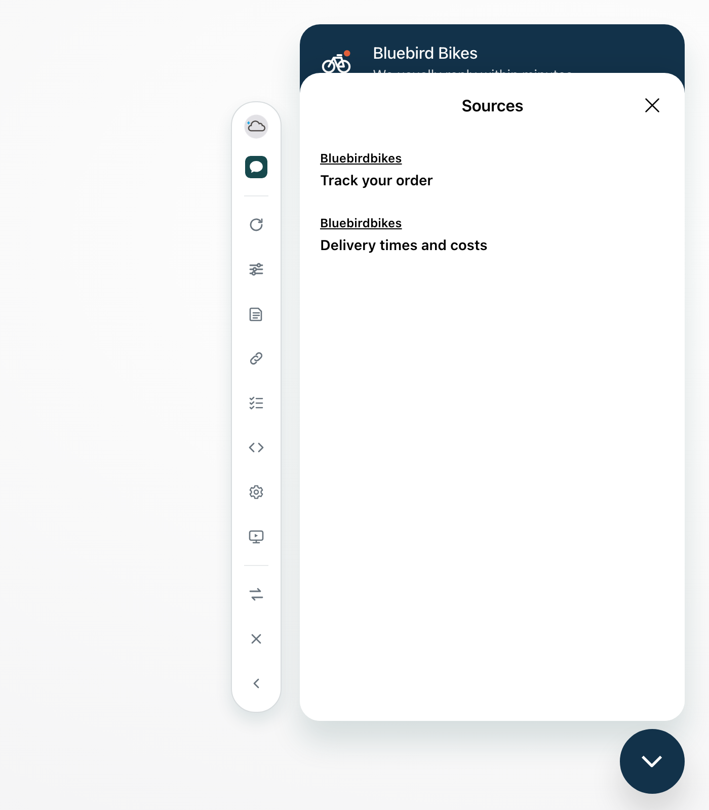 The Web Widget preview with the Sources sheet open over the conversation. The sheet lists two cited Help Center articles of a fictional bike shop, Track your order and Delivery times and costs.