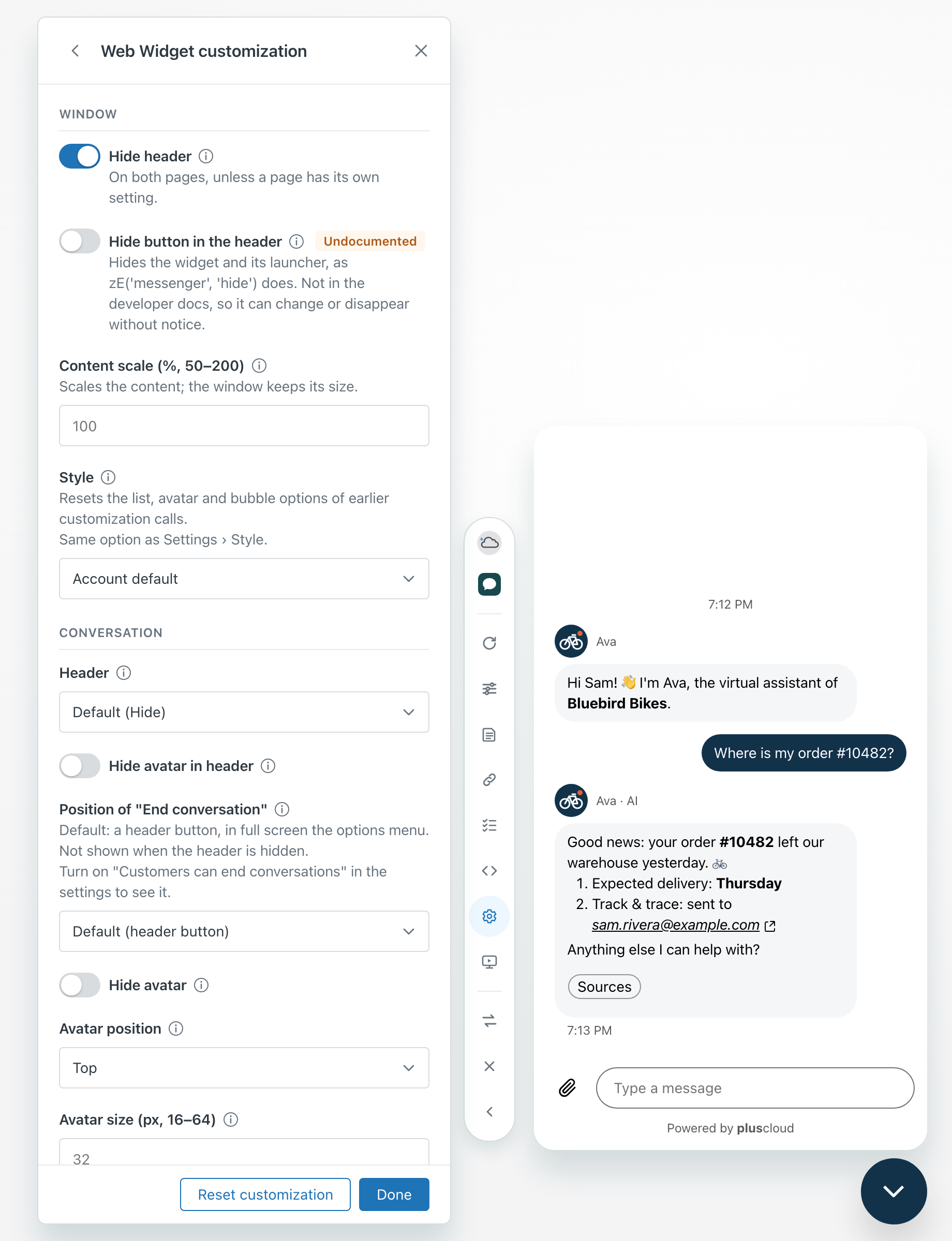 The Web Widget customization panel with the groups Window and Conversation. Hide header is switched on, Content scale reads 100 and Avatar position is set to Top. The preview next to it has no header.