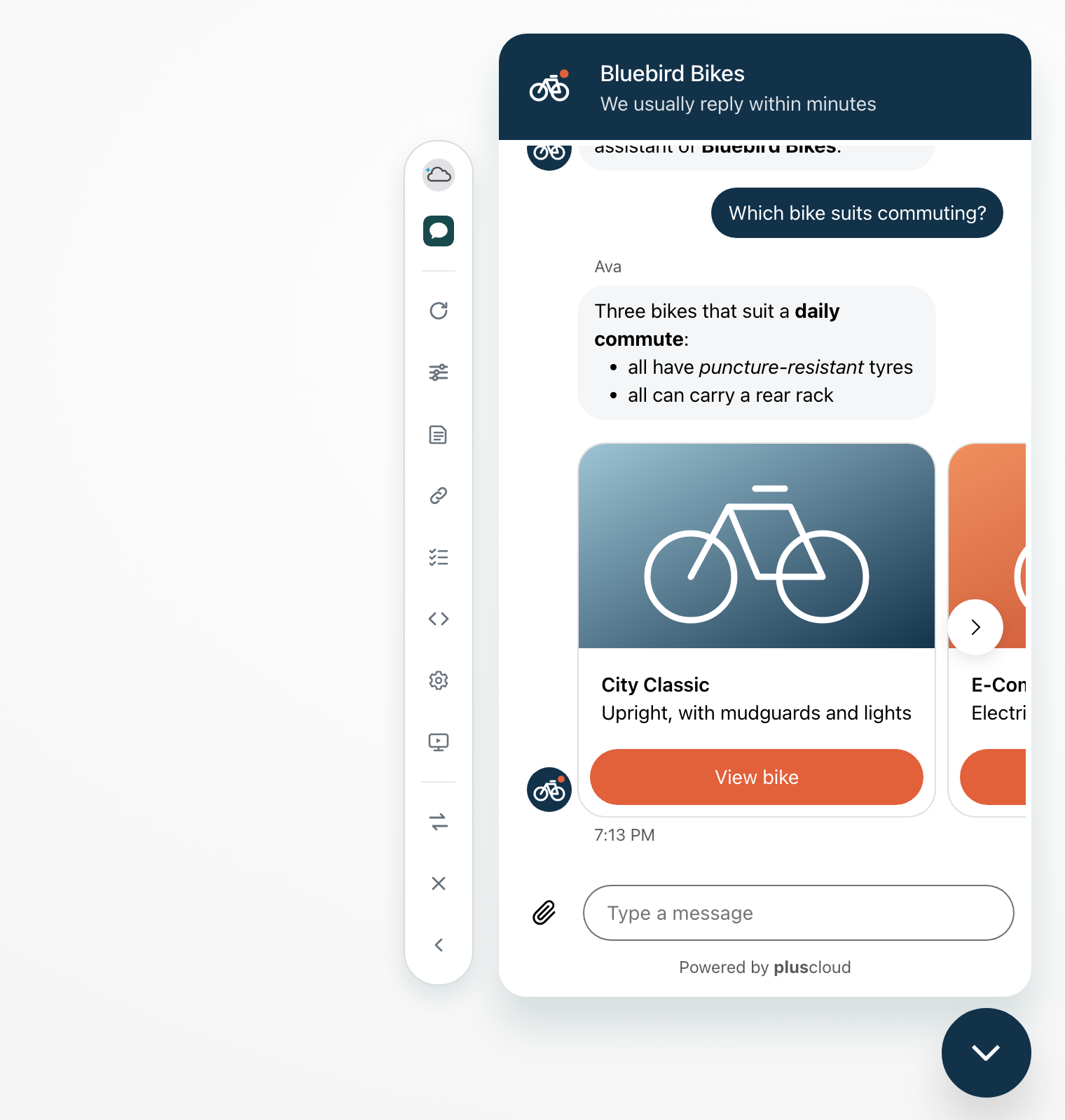 The Web Widget preview with a reply in bold, italic and a bulleted list, followed by a carousel of bikes from a fictional shop. The first card shows an image, the title City Classic, a short description and a View bike button, with an arrow to the next card.