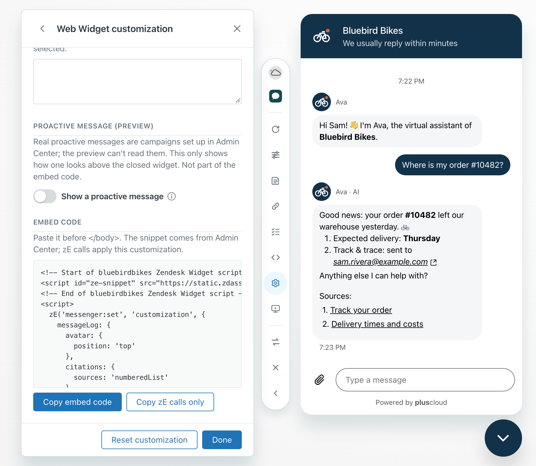 The Web Widget customization panel scrolled to the embed code. The code block holds an example Widget snippet followed by a zE messenger:set customization call with the avatar at the top and cited sources as a numbered list. Under it are the buttons Copy embed code and Copy zE calls only.