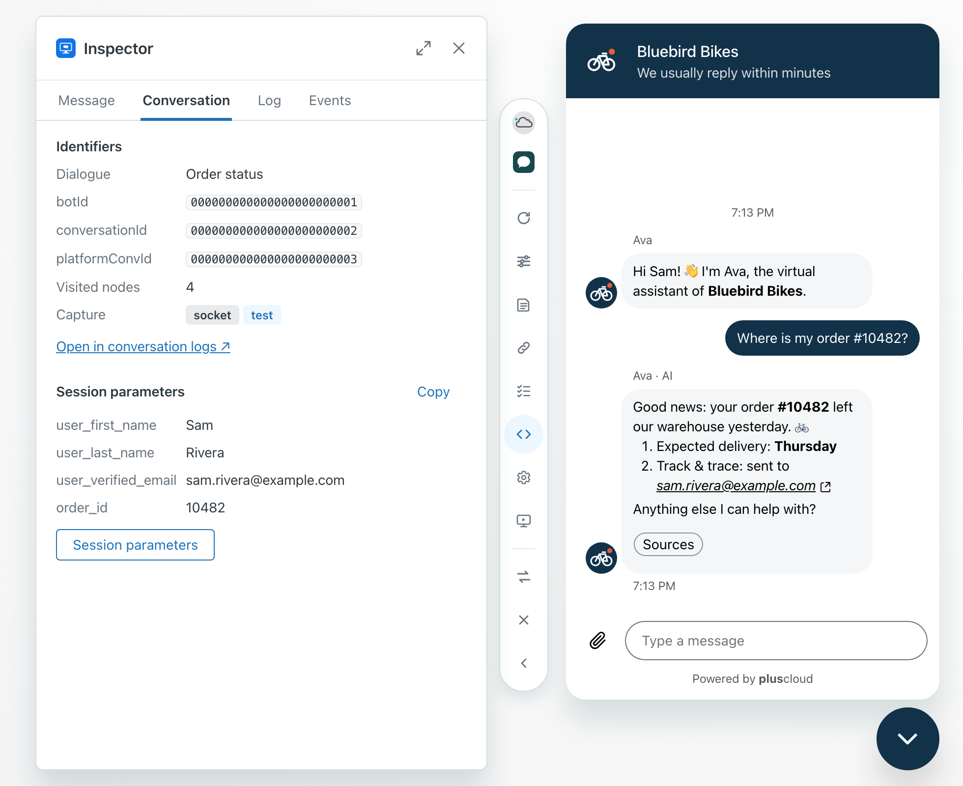 The inspector on the Conversation tab next to the preview. Under Identifiers are the dialogue name Order status, placeholder IDs for the AI agent, the conversation and the platform conversation, four visited nodes and the capture tags socket and test. Under Session parameters are a first name, a last name, an example email address and an order number, with a Copy button and a Session parameters button.