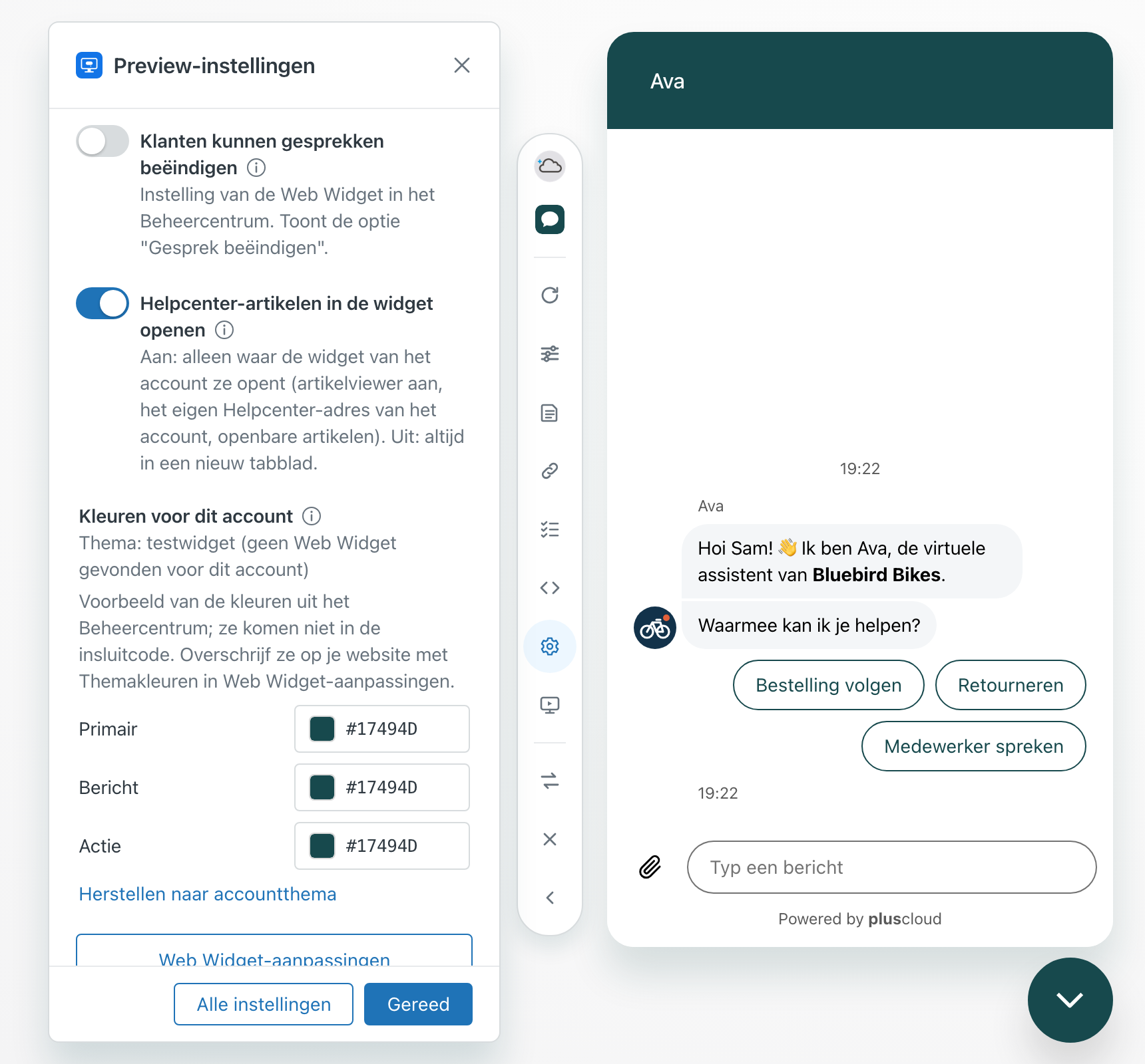 Het paneel Preview-instellingen met de regel Thema: testwidget (geen Web Widget gevonden voor dit account) onder Kleuren voor dit account, en de preview ernaast in de kleuren van de testwidget.
