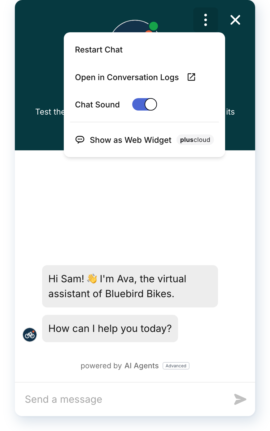 The three-dots menu of the AI agents test widget for a fictional bike shop. Below the widget's own items Restart Chat, Open in Conversation Logs and Chat Sound is the extension's item Show as Web Widget, with a small pluscloud label.