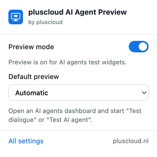 The extension window from the Chrome toolbar, with the Preview mode switch turned on, the status line Preview is on for AI agents test widgets, and the Default preview set to Automatic.