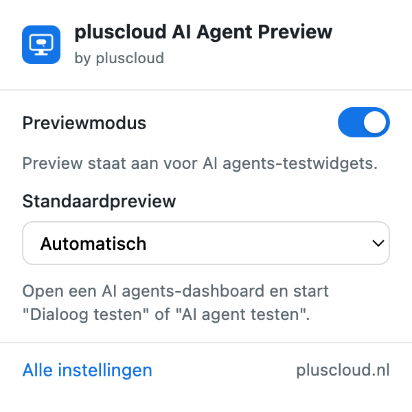 Het venster van de extensie uit de werkbalk van Chrome, met de schakelaar Previewmodus aan, de statusregel Preview staat aan voor AI agents-testwidgets, en Standaardpreview op Automatisch.