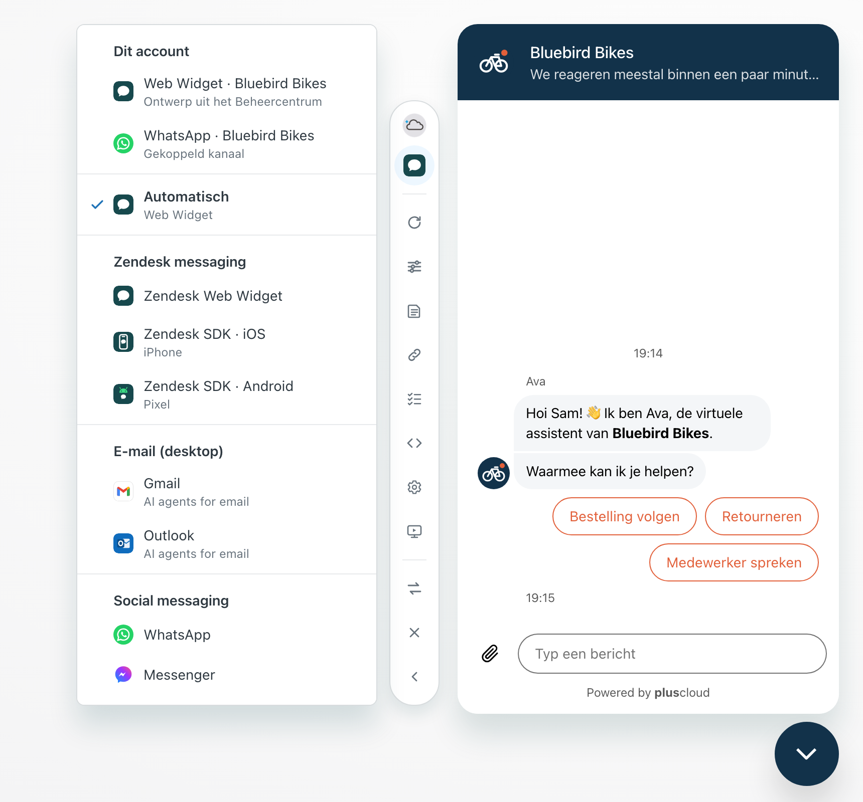 Het menu Preview-kanaal open naast de Web Widget-preview. Onder Dit account staan Web Widget · Bluebird Bikes met Ontwerp uit het Beheercentrum en WhatsApp · Bluebird Bikes met Gekoppeld kanaal. Automatisch is geselecteerd, daarna volgen de groepen Zendesk messaging, E-mail (desktop) en Social messaging.