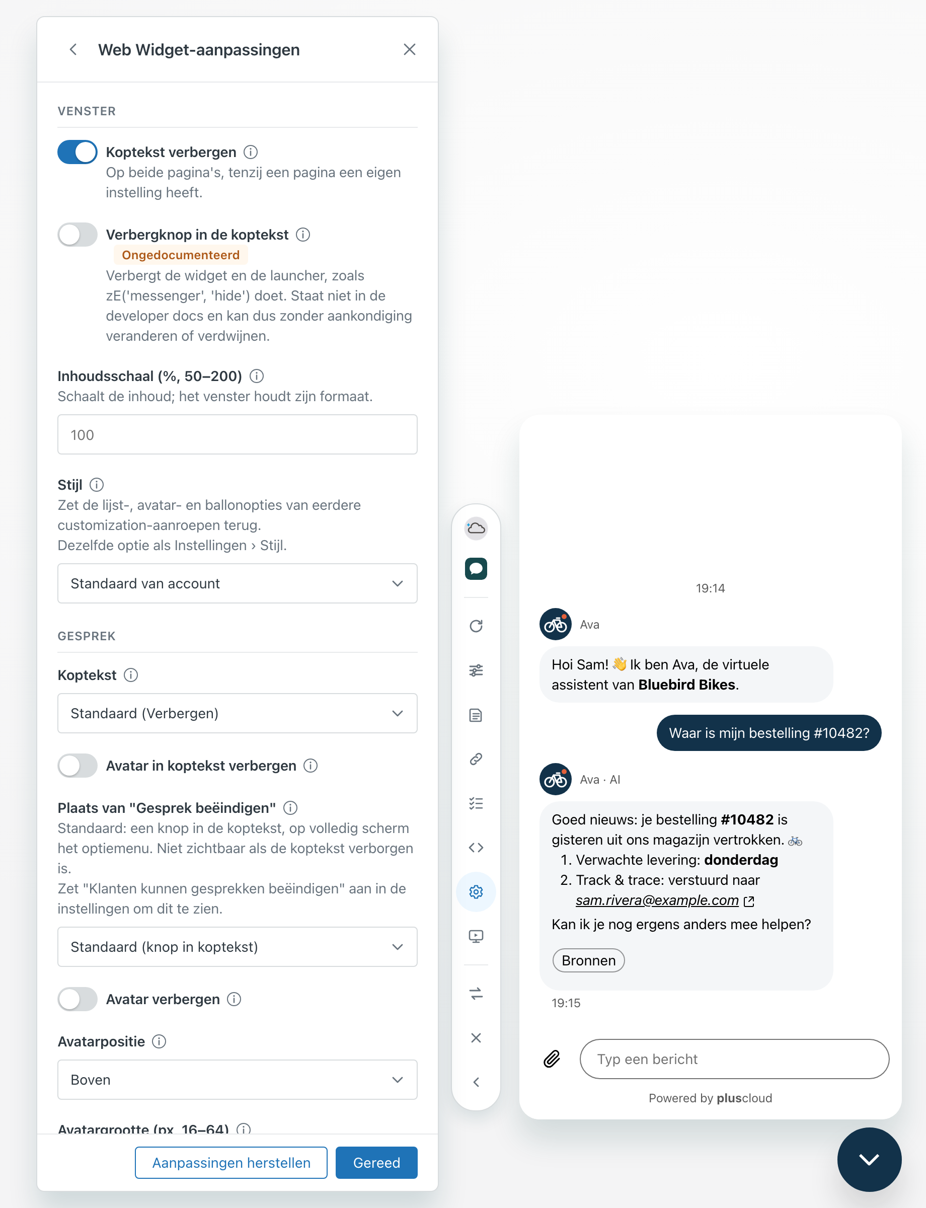 Het paneel Web Widget-aanpassingen met de groepen Venster en Gesprek. Koptekst verbergen staat aan, Inhoudsschaal staat op 100 en Avatarpositie staat op Boven. De preview ernaast heeft geen koptekst.