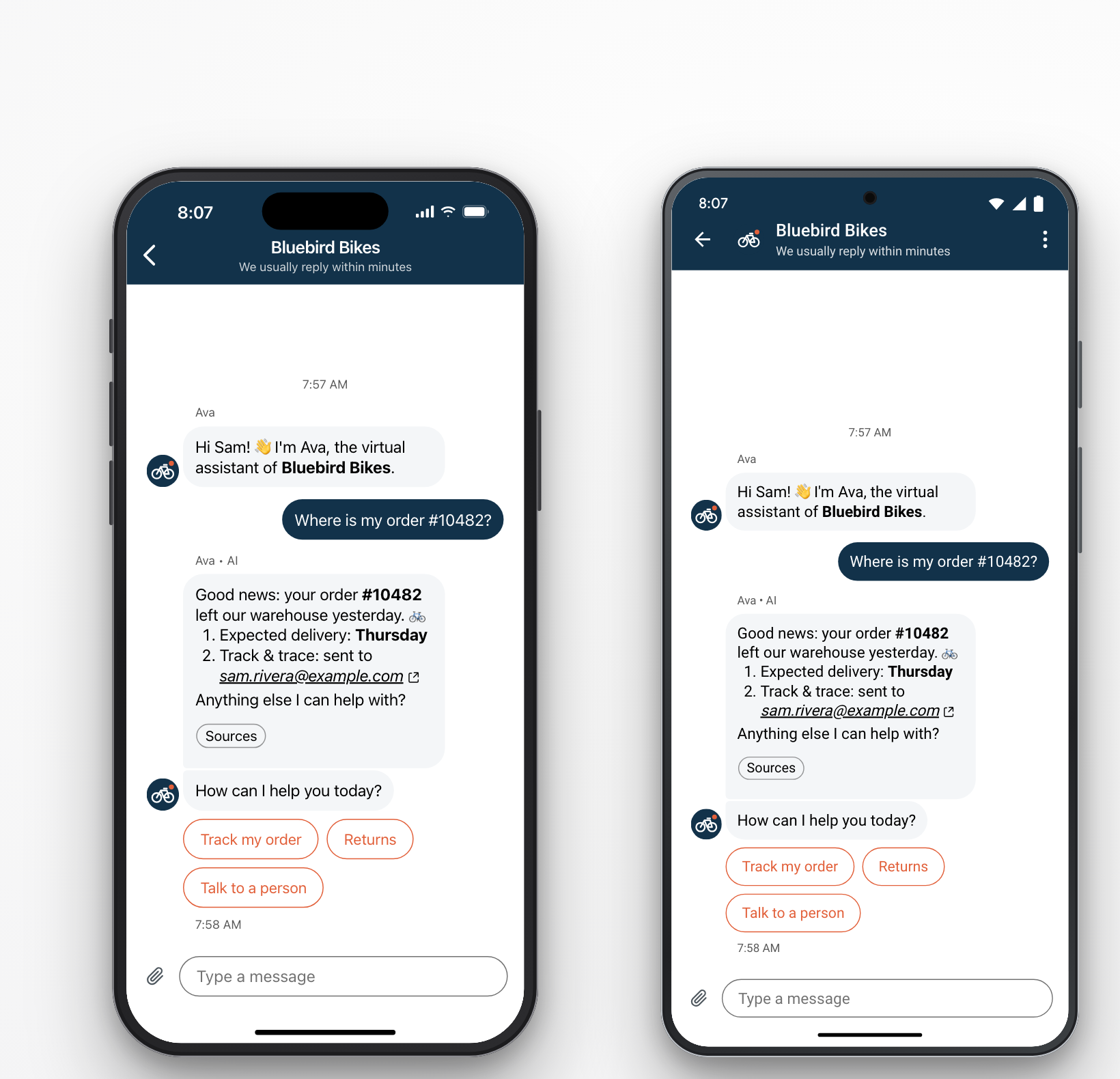 The same conversation of a fictional bike shop in the Zendesk SDK on an iPhone and on a Pixel. Both show a header with the shop's name, the AI agent's reply with a numbered list and a Sources button, and three quick replies aligned to the left.