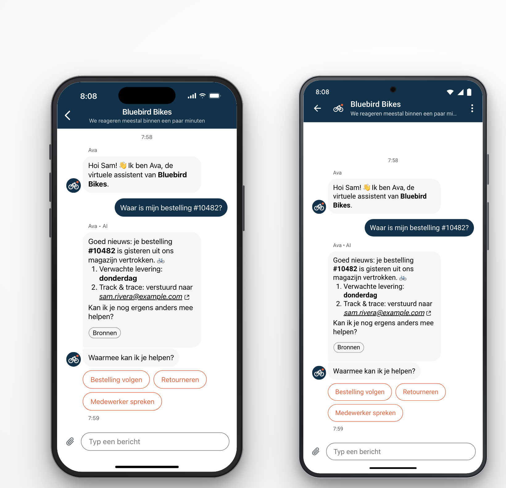 Hetzelfde gesprek van een fictieve fietsenwinkel in de Zendesk SDK op een iPhone en op een Pixel. Beide tonen een koptekst met de naam van de winkel, het antwoord van de AI-agent met een genummerde lijst en een knop Bronnen, en drie snelle antwoorden links uitgelijnd.