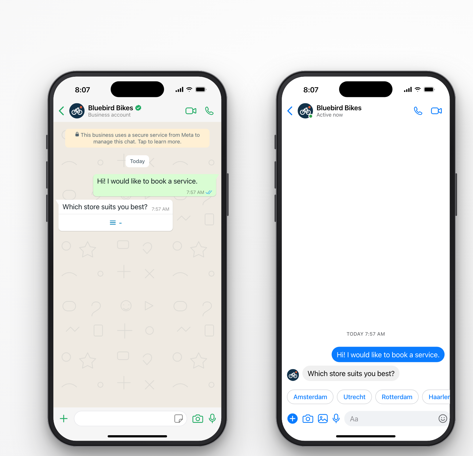 The same question with five store options on two phones. In WhatsApp the options are hidden behind a list button under the message. In Messenger they appear as a row of quick replies above the message field.