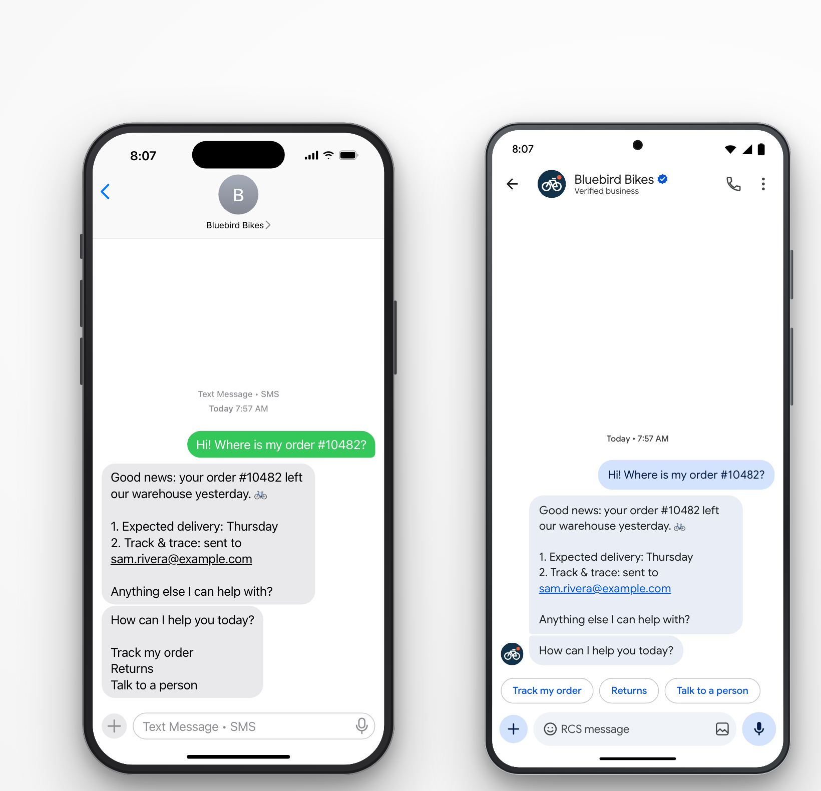 The same conversation of a fictional bike shop on two phones. In the SMS preview on an iPhone, the three options are added to the message as lines of text. In the RCS preview on a Pixel, they appear as suggestion chips under the message.