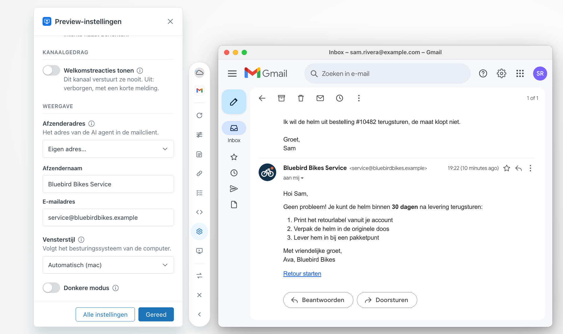 Preview-instellingen naast een Gmail-preview. Afzenderadres staat op Eigen adres, met de afzendernaam Bluebird Bikes Service en het adres service@bluebirdbikes.example. In het Gmail-gesprek komt het antwoord van de AI-agent van die naam en dat adres.