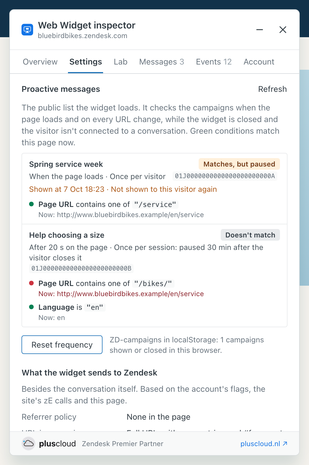 The Settings tab of the Web Widget inspector at Proactive messages. The campaign Spring service week fires when the page loads, once per visitor, and matches this page but is paused because this visitor already saw it. The campaign Help choosing a size fires after 20 seconds on the page and does not match, because the page URL does not contain /bikes/. Below the list is the button Reset frequency.