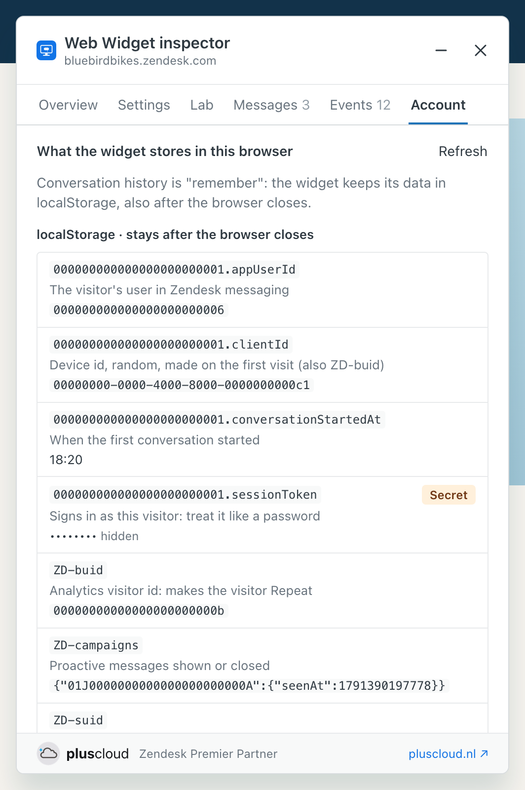 The section What the widget stores in this browser on the Account tab. Conversation history is remember, so the keys are in local storage. Each key shows its meaning and value, with IDs of zeros; the session token key is marked Secret and its value is hidden.
