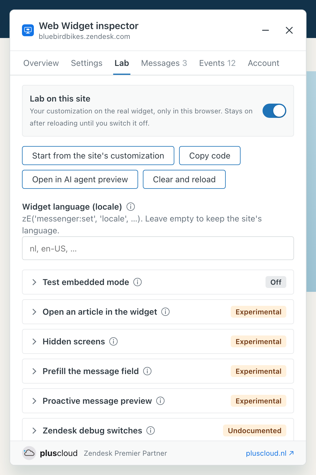 The Lab tab of the Web Widget inspector with Lab on this site switched on, the buttons Start from the site's customization, Copy code, Open in AI agent preview and Clear and reload, the field Widget language (locale), and the folded sections Test embedded mode, Open an article in the widget, Hidden screens, Prefill the message field and Proactive message preview, each marked Experimental, and Zendesk debug switches marked Undocumented.