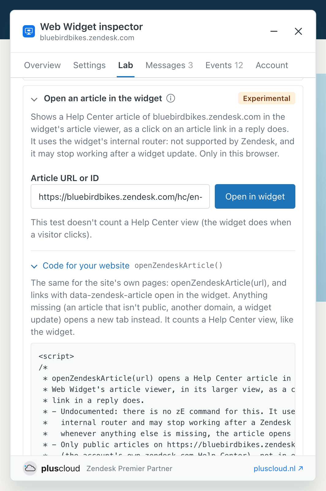 The Lab section Open an article in the widget, marked Experimental. It explains that it uses the widget's internal router, which Zendesk does not support. Below the field Article URL or ID with a URL on bluebirdbikes.zendesk.com and the button Open in widget is the open part Code for your website with openZendeskArticle().