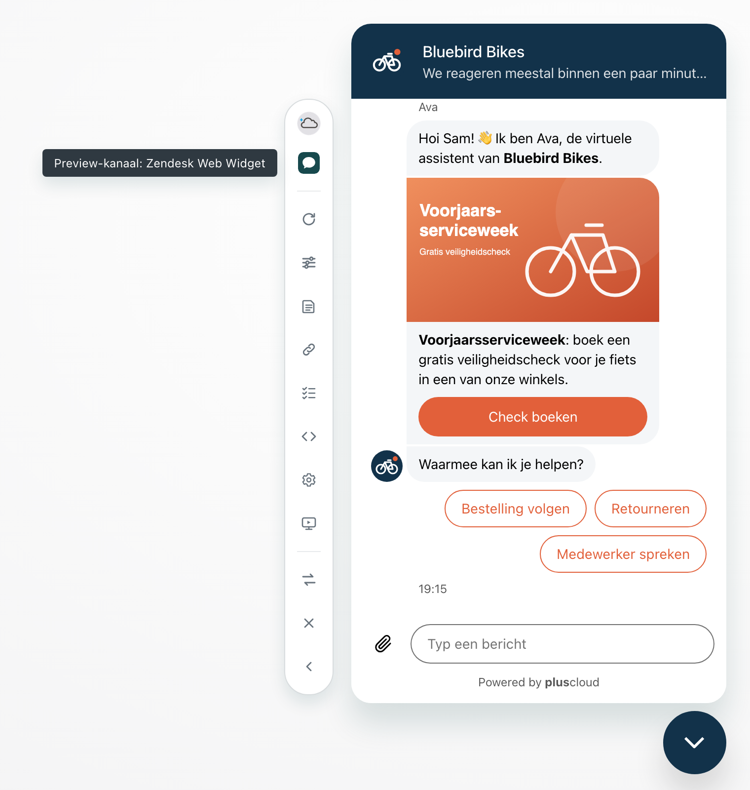 De Web Widget-preview van een fictieve fietsenwinkel, met de werkbalk van de extensie links ervan. De tooltip van de bovenste kanaalknop luidt Preview-kanaal: Zendesk Web Widget. Daaronder staan de knoppen voor opnieuw starten, sessieparameters, gesprekslogboeken, link naar gesprekslogboek kopiëren, inspector, instellingen, presentatiemodus, terug naar testwidget, test sluiten en tools verbergen.