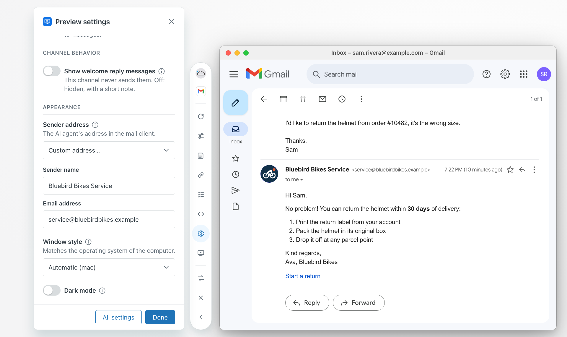Preview settings next to a Gmail preview. Sender address is set to Custom address, with the sender name Bluebird Bikes Service and the address service@bluebirdbikes.example. In the Gmail thread the AI agent's reply comes from that name and address.