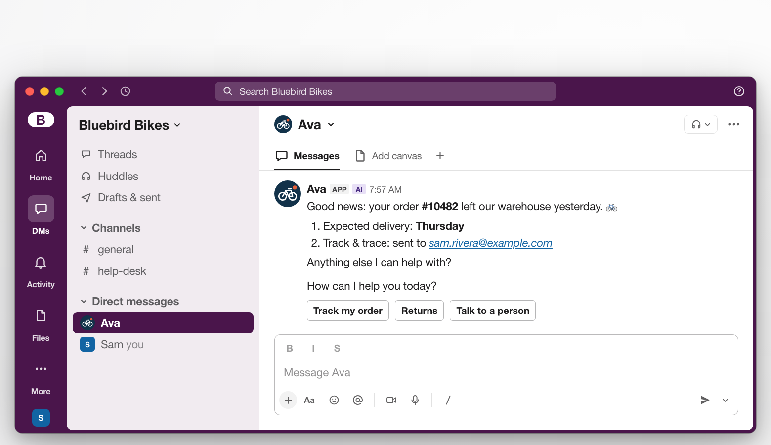 A Slack desktop window of a fictional workspace with a direct message to the AI agent Ava. The customer asks where an order is, the AI agent answers with a numbered list, and three options appear as Slack buttons under the last message.