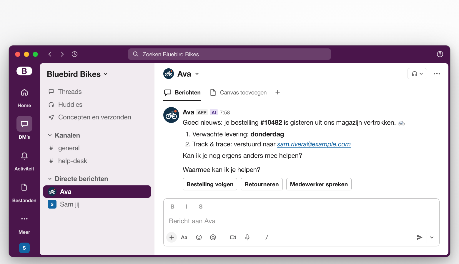 Een Slack-desktopvenster van een fictieve werkruimte met een direct bericht aan de AI-agent Ava. De klant vraagt waar een bestelling is, de AI-agent antwoordt met een genummerde lijst, en drie opties staan als Slack-knoppen onder het laatste bericht.