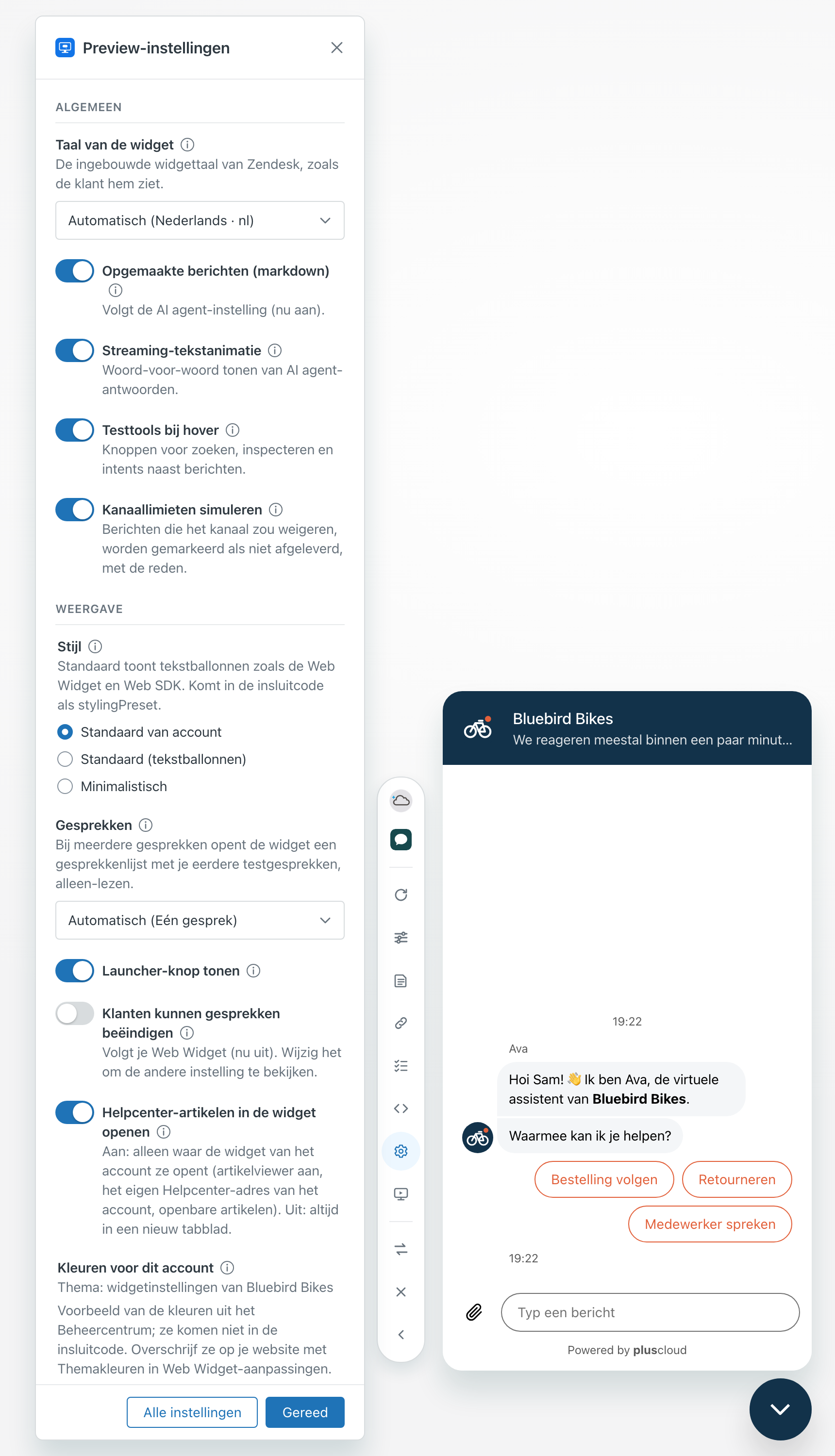 Het paneel Preview-instellingen naast de Web Widget-preview. Onder Algemeen staan Taal van de widget op Automatisch, en schakelaars voor Opgemaakte berichten, Streaming-tekstanimatie, Testtools bij hover en Kanaallimieten simuleren. Onder Weergave staan Stijl met Standaard van account geselecteerd, Gesprekken op Automatisch (Eén gesprek), en Launcher-knop tonen.