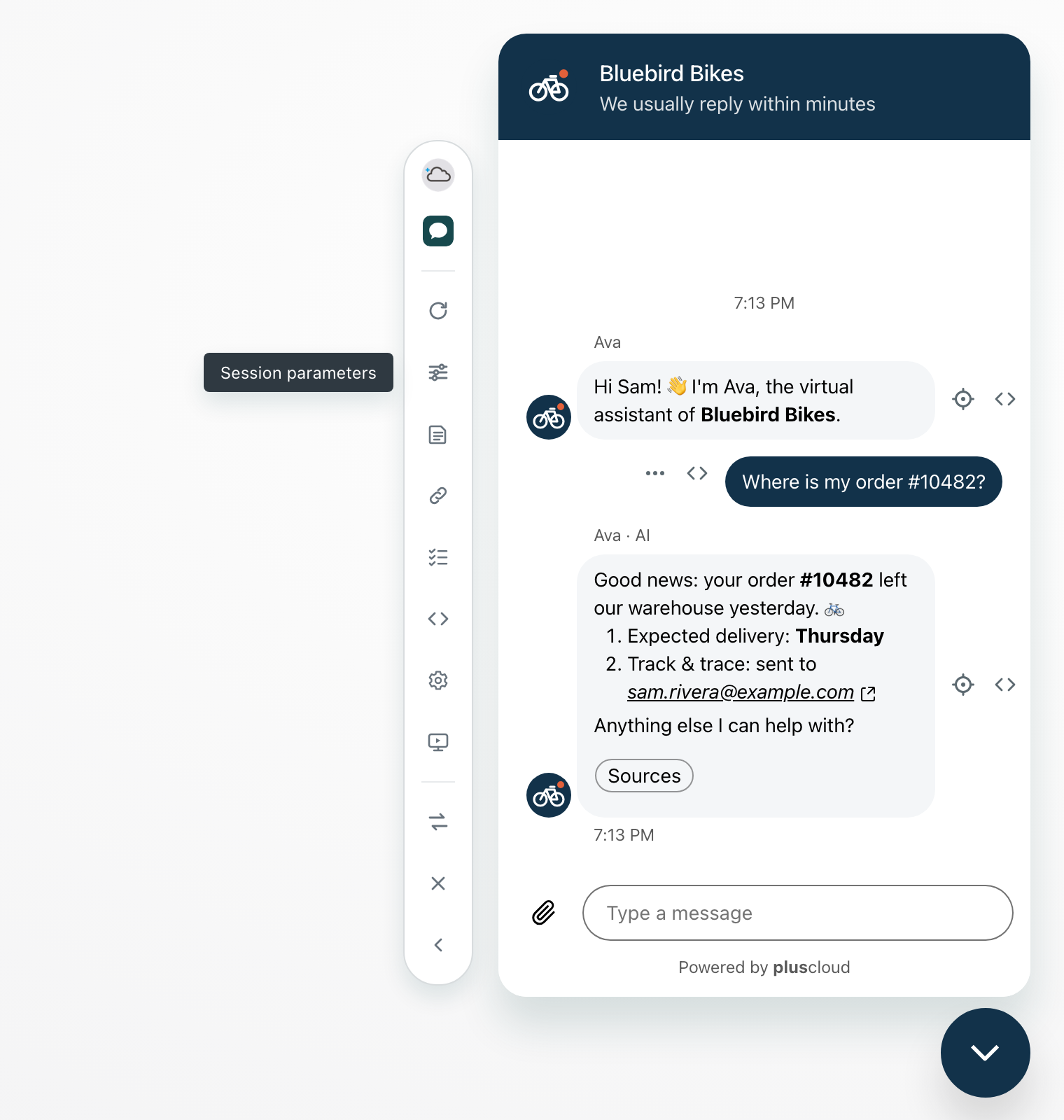 The Web Widget preview in a dialogue test with the test tools visible next to the messages: a crosshair and angle brackets beside the AI agent's messages, and three dots and angle brackets beside the customer's message. The toolbar tooltip reads Session parameters.