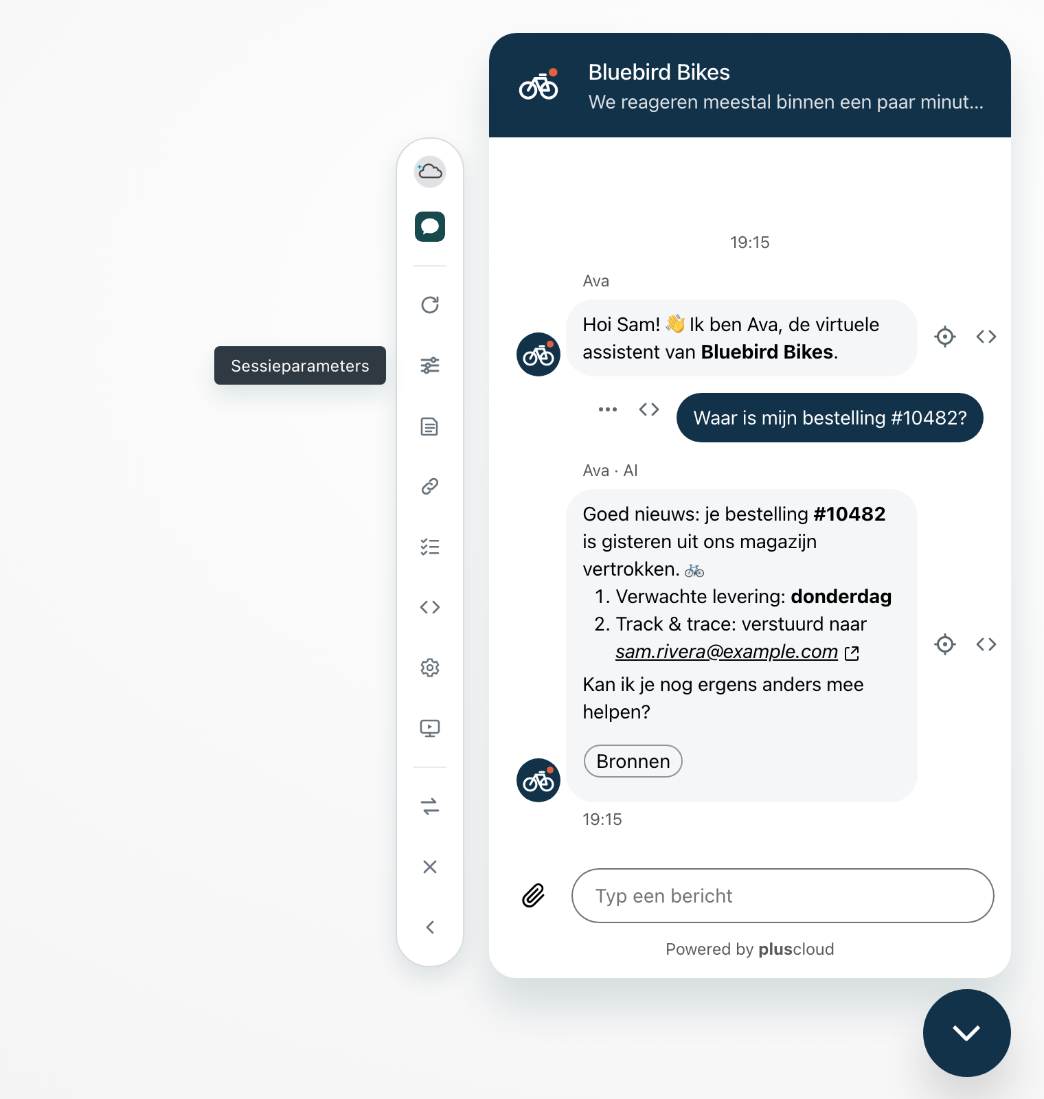 De Web Widget-preview in een dialoogtest met de testtools zichtbaar naast de berichten: een vizier en punthaken naast de berichten van de AI-agent, en drie puntjes en punthaken naast het bericht van de klant. De tooltip in de werkbalk luidt Sessieparameters.