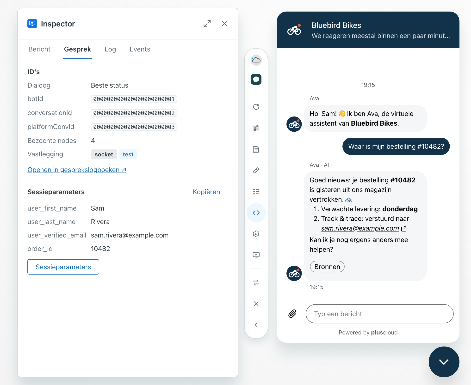 De inspector op het tabblad Gesprek naast de preview. Onder ID's staan de dialoognaam Bestelstatus, voorbeeld-ID's voor de AI-agent, het gesprek en het platformgesprek, vier bezochte nodes en de vastleggingstags socket en test. Onder Sessieparameters staan een voornaam, een achternaam, een voorbeeld-e-mailadres en een bestelnummer, met een knop Kopiëren en een knop Sessieparameters.