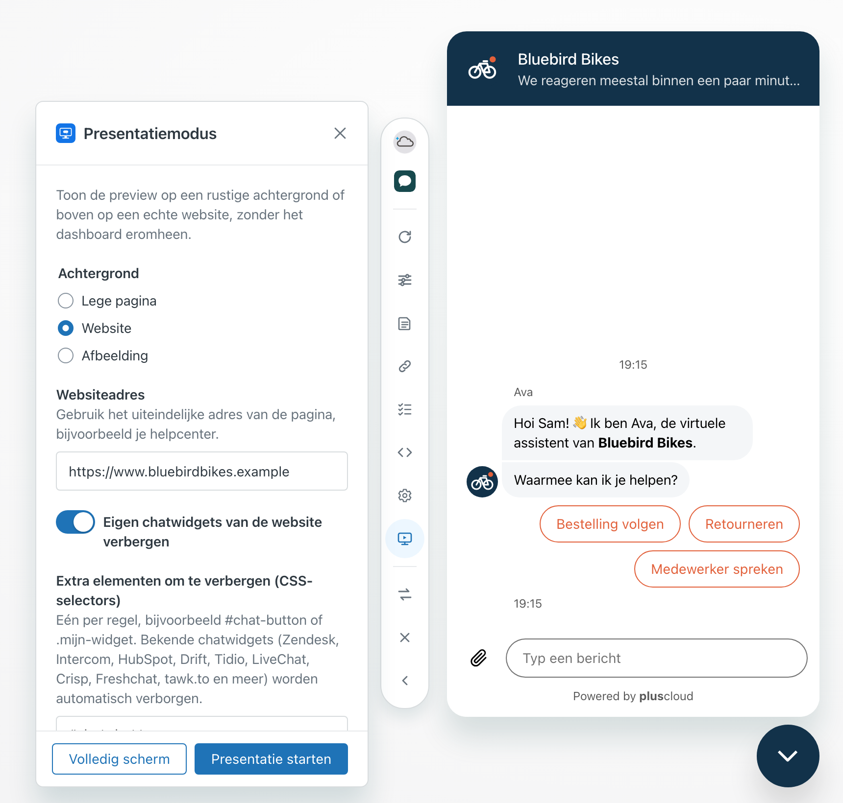 Het paneel Presentatiemodus naast de preview. Website is gekozen als achtergrond, met het adres https://www.bluebirdbikes.example. De schakelaar om de eigen chatwidgets van de website te verbergen staat aan, gevolgd door het veld voor extra CSS-selectors en de knoppen Volledig scherm en Presentatie starten.