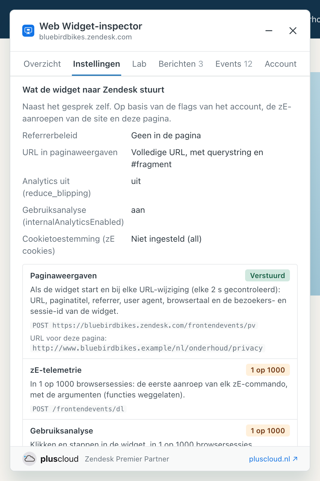 Het onderdeel Wat de widget naar Zendesk stuurt op het tabblad Instellingen. De pagina heeft geen referrerbeleid, dus paginaweergaven bevatten de volledige URL. Paginaweergaven staan op Verstuurd, met het adres waar ze heen gaan en de URL van deze fictieve winkelpagina; zE-telemetrie en gebruiksanalyse staan op 1 op 1000.