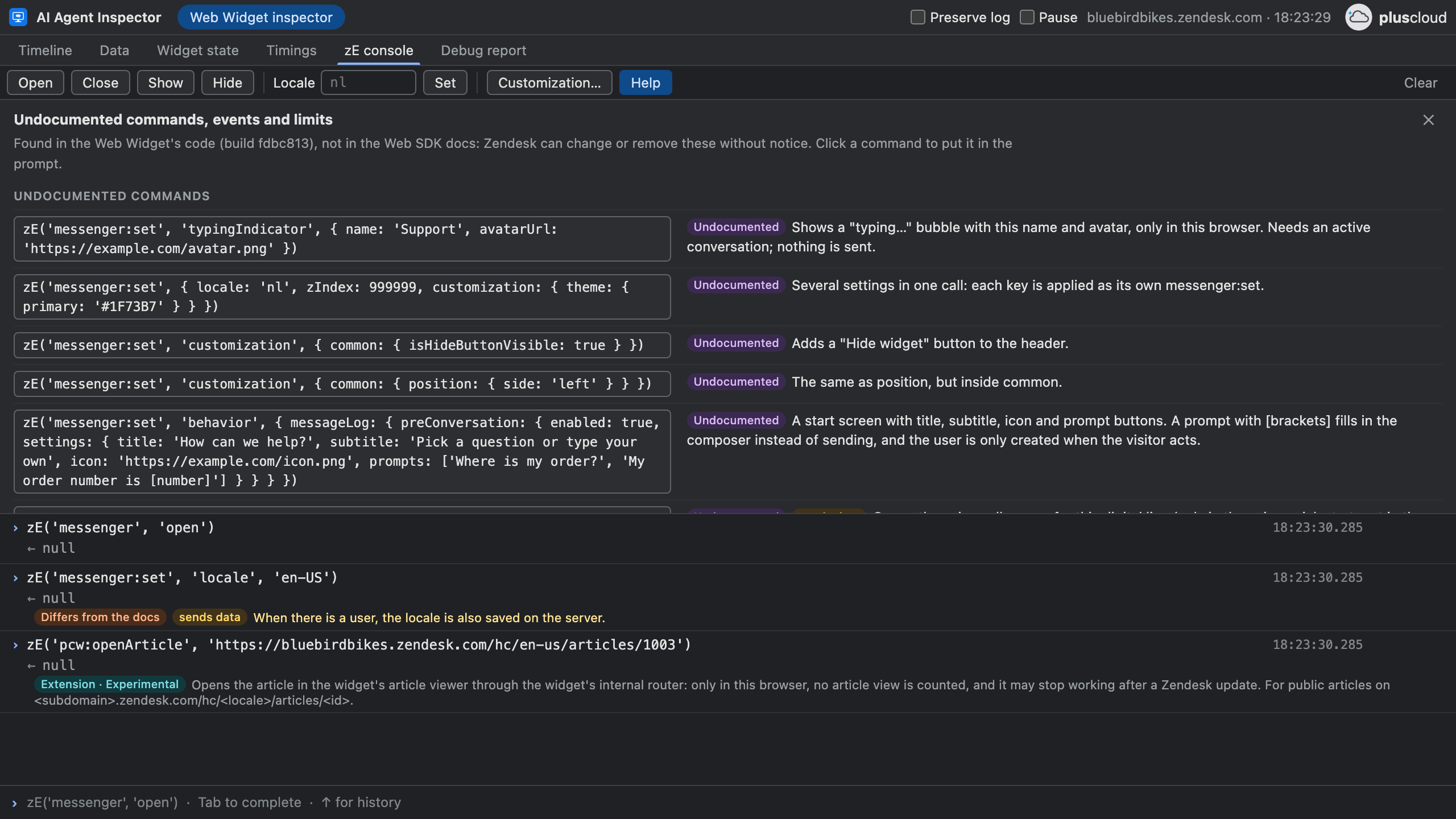 The zE console with the Help panel open, listing undocumented commands such as typingIndicator and isHideButtonVisible with an Undocumented badge. Below it are three commands that ran: messenger open, messenger:set locale with the badges Differs from the docs and sends data, and pcw:openArticle with the badge Extension · Experimental.
