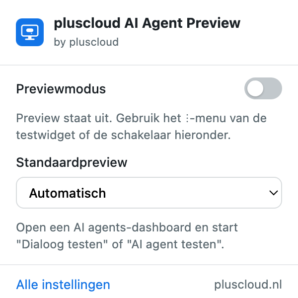 Het venster van de extensie uit de werkbalk van Chrome met de schakelaar Previewmodus uit. De statusregel zegt dat de preview uitstaat en dat je het menu van de testwidget of de schakelaar eronder kunt gebruiken.