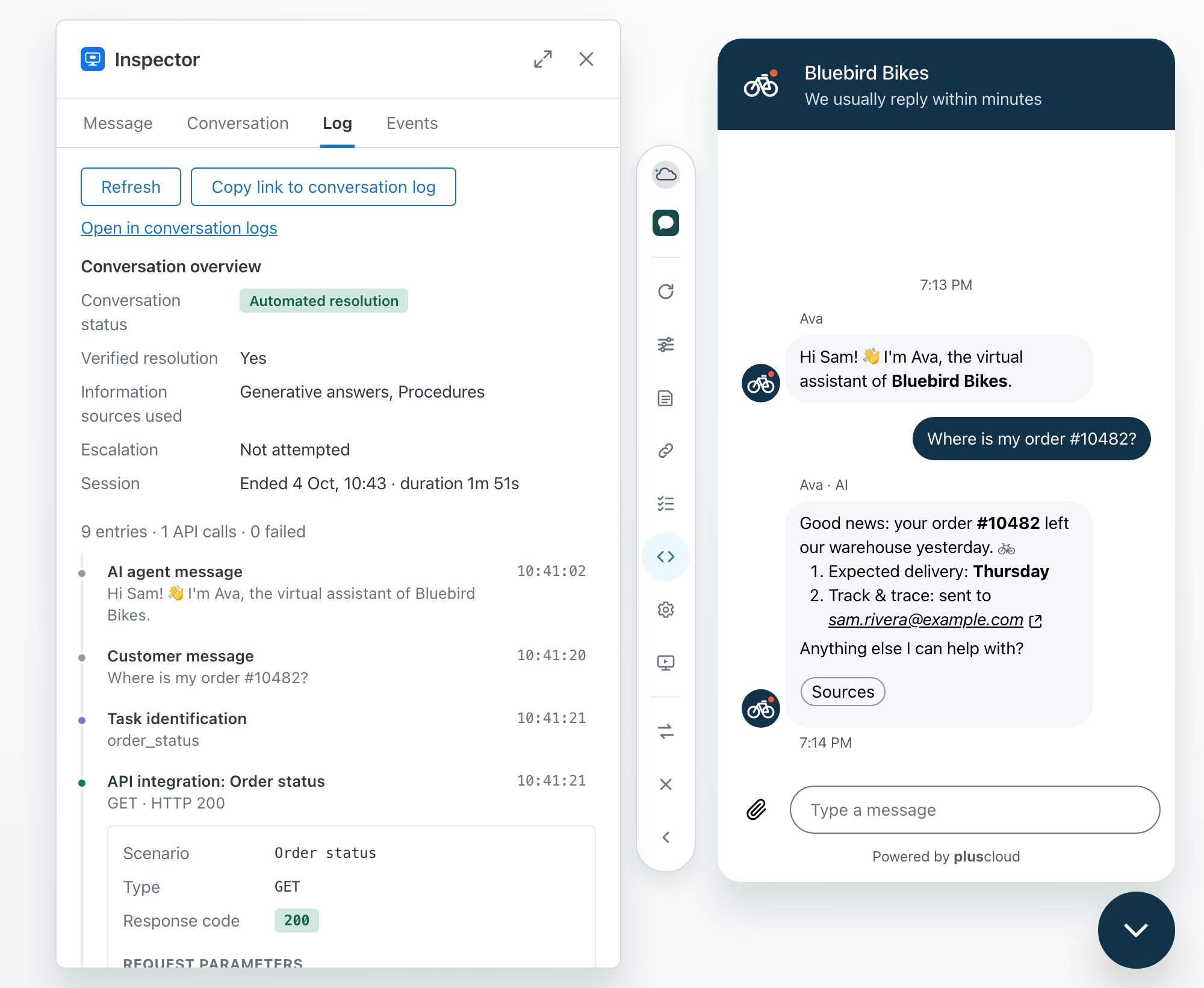 The inspector on the Log tab. The conversation overview shows the status Automated resolution, Verified resolution Yes, Generative answers and Procedures as sources, Escalation Not attempted and the session duration. Below are log entries for messages, task identification and an API integration called Order status with response code 200, its request parameter and its variable mappings, one of them masked.
