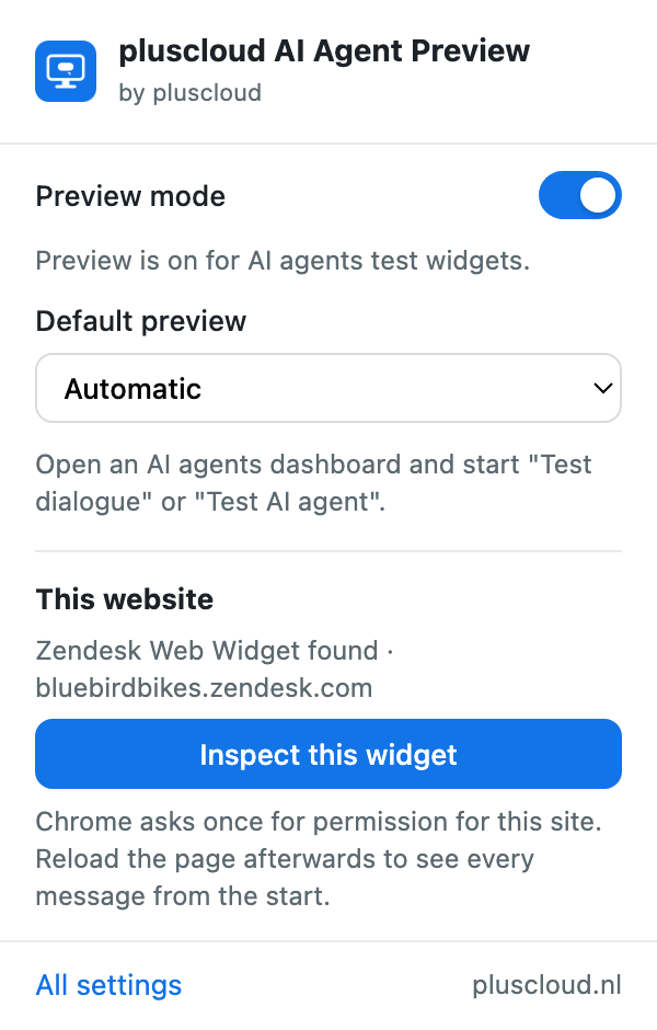 The extension window from the Chrome toolbar on a fictional bike shop. Under This website it reads Zendesk Web Widget found, bluebirdbikes.zendesk.com, with the button Inspect this widget and the note that Chrome asks once for permission for this site.