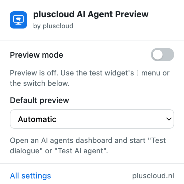 The extension window from the Chrome toolbar with the Preview mode switch turned off. The status line says that the preview is off and that you can use the test widget's menu or the switch below.