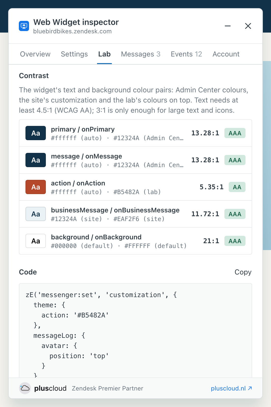 The Contrast section of the Lab with five colour pairs. The action pair uses the Lab's colour #B5482A on white and reaches 5.35 to 1, level AA; the other pairs reach AAA. Below it the Code section shows the zE customization call with the Lab's action colour and the avatar position top.