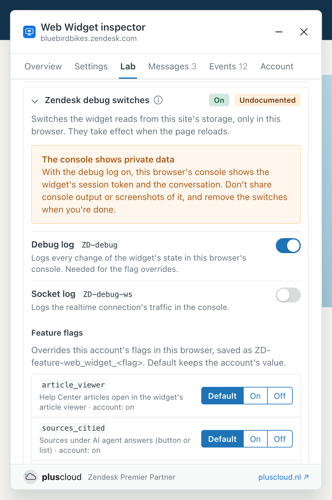 The Lab section Zendesk debug switches, marked On and Undocumented, with the warning The console shows private data, the switches Debug log ZD-debug, on, and Socket log ZD-debug-ws, off, and the start of the feature flag overrides with Default, On and Off per flag.