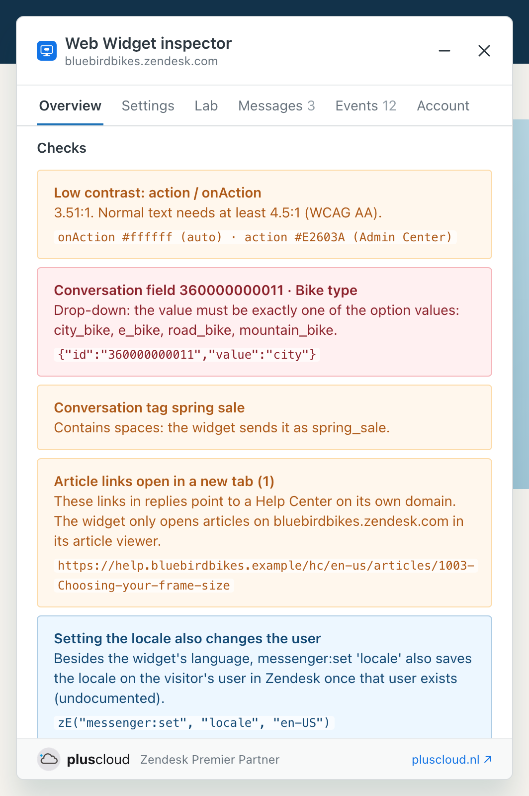 In the example, the Checks on the Overview tab of the Web Widget inspector for the fictional shop Bluebird Bikes, bluebirdbikes.zendesk.com. Low contrast for action and onAction at 3.51:1. An error for conversation field 360000000011, Bike type: a drop-down value must be one of its option values, with the call that sent city. Conversation tag spring sale, sent as spring_sale. Article links open in a new tab, pointing to help.bluebirdbikes.example. A note that setting the locale also changes the user.