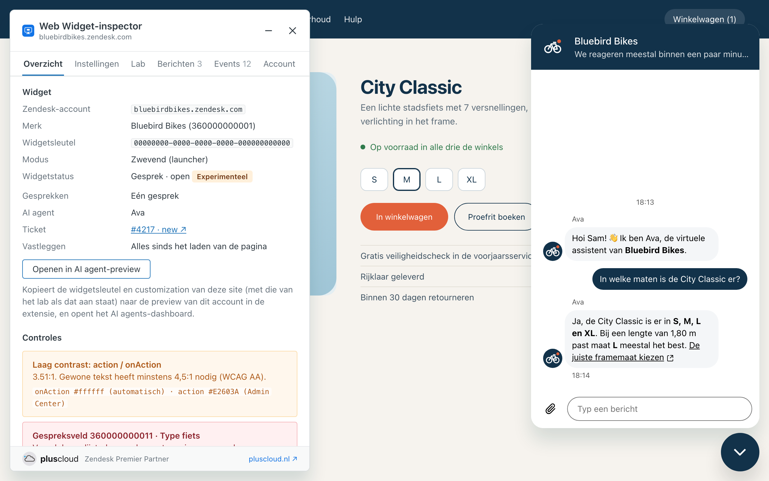 Een fictieve fietsenwinkel met rechts de geopende Web Widget en links de Web Widget-inspector op het tabblad Overzicht. Daarop staan het Zendesk-account bluebirdbikes.zendesk.com, het merk, een widgetsleutel van nullen, Zwevend (launcher) als modus, de AI-agent Ava, ticket 4217 en Vastleggen Alles sinds het laden van de pagina. Onder de knop Openen in AI agent-preview zijn de eerste controles een waarschuwing over laag contrast voor action en onAction en een fout bij een gespreksveld.