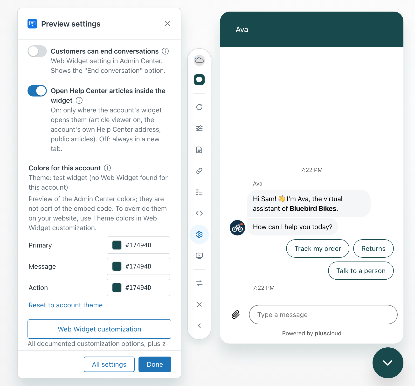 The Preview settings panel with the line Theme: test widget (no Web Widget found for this account) under Colors for this account, and the preview next to it in the colours of the test widget.