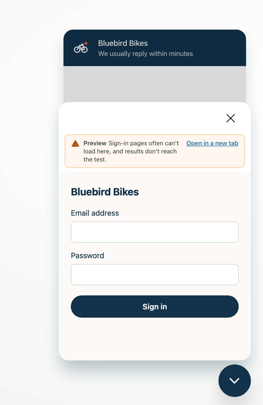 A webview panel open over the Web Widget preview with the sign-in page of a fictional bike shop. A note at the top says that sign-in pages often cannot load here and that results do not reach the test, with the link Open in a new tab.