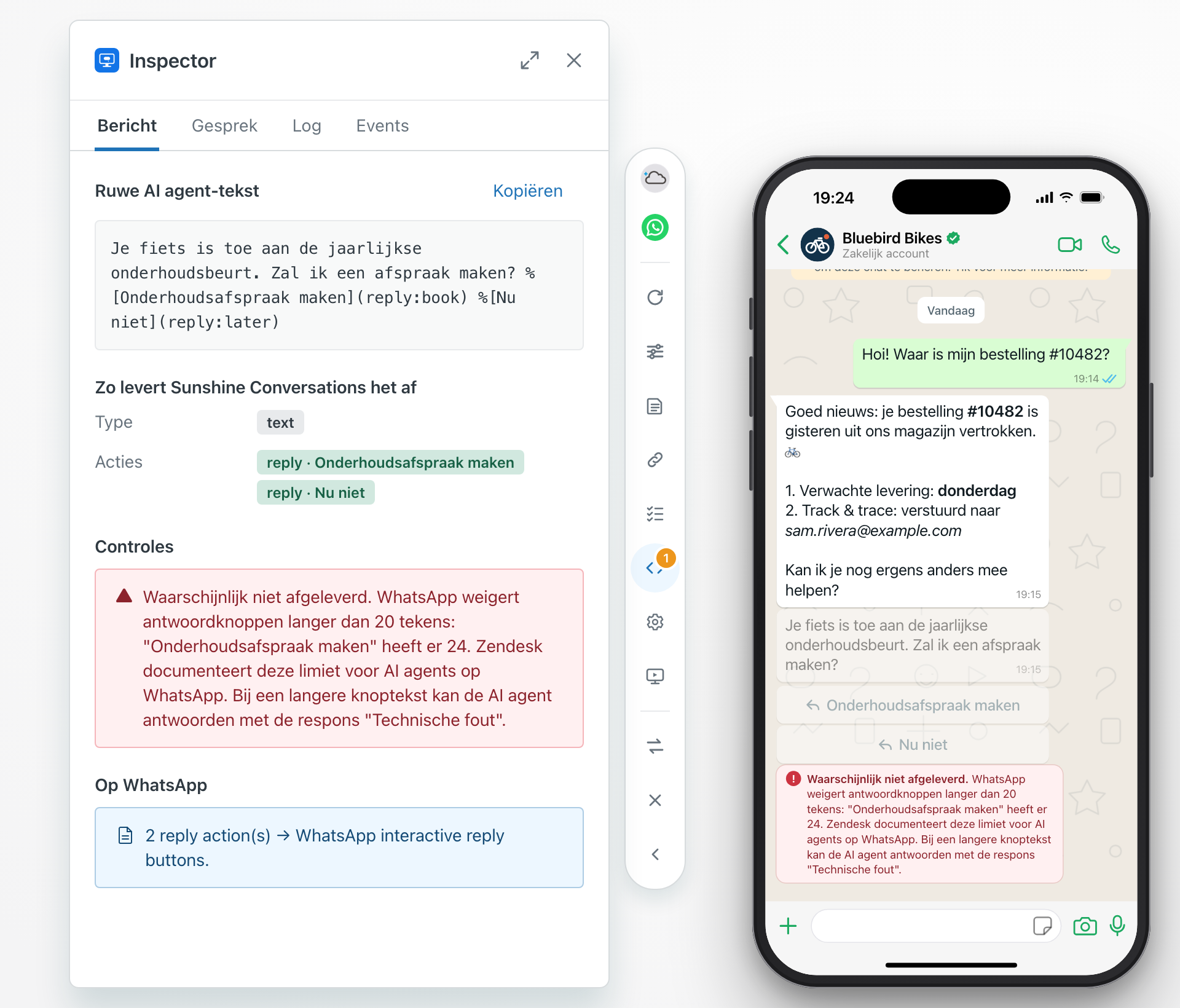 Een WhatsApp-preview waarin het laatste bericht grijs is. De rode melding eronder begint met Waarschijnlijk niet afgeleverd en zegt dat WhatsApp antwoordknoppen van meer dan 20 tekens weigert, dat de knop Onderhoudsafspraak maken er 24 heeft, en dat Zendesk deze limiet voor AI-agenten op WhatsApp documenteert en een langere knoptekst de respons Technische fout kan geven. De inspector ernaast toont dezelfde bevinding onder Controles, en een kanaalnotitie voor WhatsApp.
